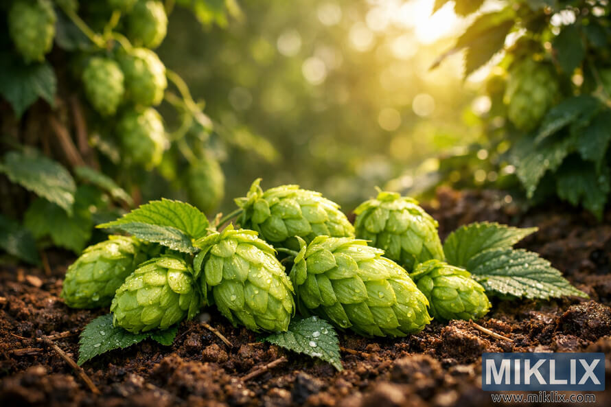 Close-up of fresh Sonnet hop cones with dew drops resting on dark soil, softly lit by warm golden sunlight with a blurred hop vine in the background.