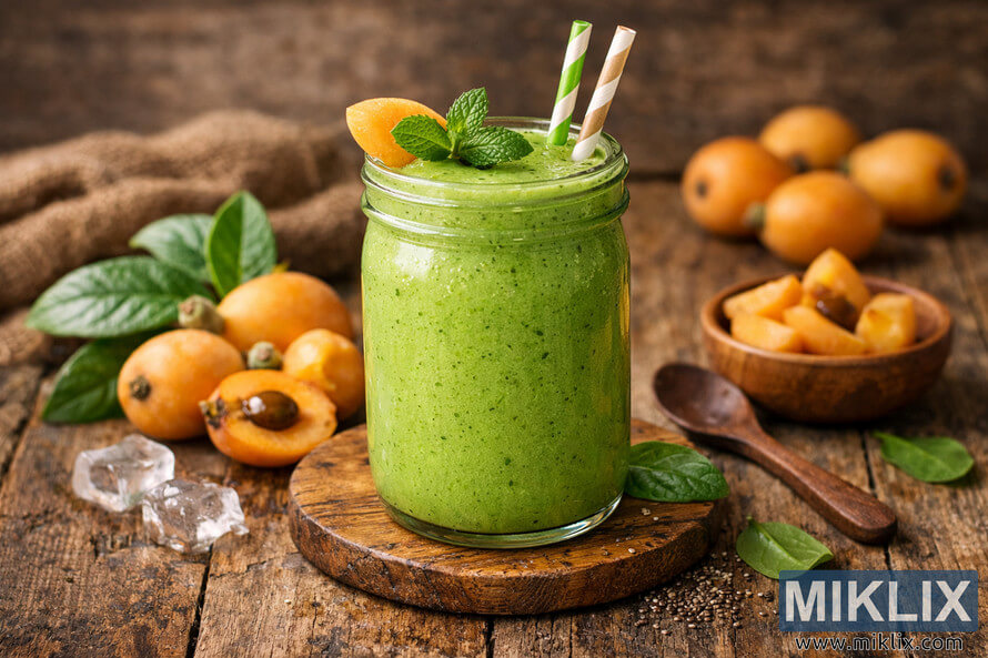 A creamy green loquat smoothie in a clear glass jar garnished with mint and loquat slice, placed on a rustic wooden table surrounded by fresh loquats, leaves, and a wooden bowl of sliced fruit.