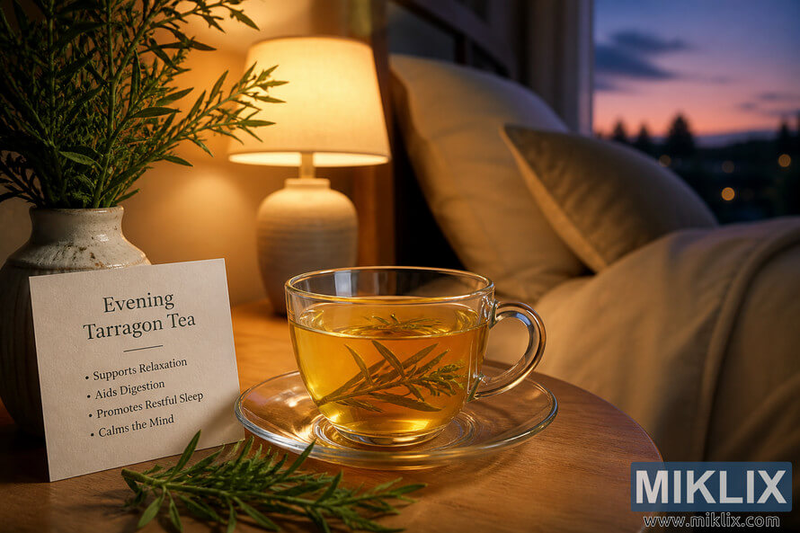 A warm evening bedroom scene featuring a clear glass cup of tarragon tea on a wooden bedside table beside a softly glowing lamp, with fresh tarragon sprigs and a calming nighttime atmosphere promoting relaxation before bedtime. A warm evening bedroom scene featuring a clear glass cup of tarragon tea on a wooden bedside table beside a softly glowing lamp, with fresh tarragon sprigs and a calming nighttime atmosphere promoting relaxation before bedtime.