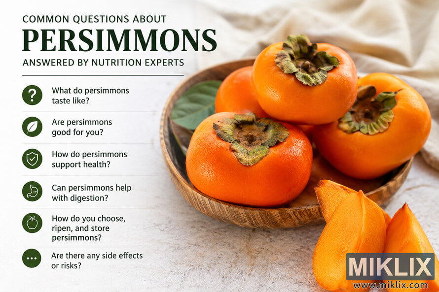 Landscape infographic-style image featuring bright orange persimmons in a rustic wooden bowl beside educational text about common persimmon nutrition questions, including taste, health benefits, digestion, storage, and side effects.
