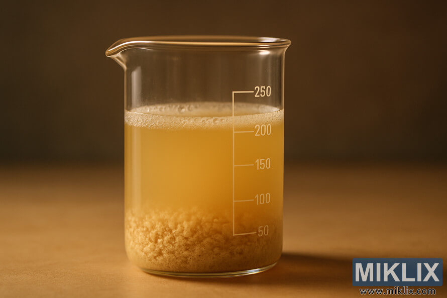 Clear glass laboratory beaker filled with golden liquid and yeast sediment, illuminated warmly against a blurred background.