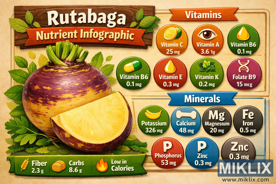 Colorful landscape infographic showing the nutritional composition of rutabaga, with a detailed rutabaga illustration on the left, a wooden sign title reading âRutabaga Nutrient Infographicâ at the top, an orange banner labeled âVitaminsâ with circular icons for Vitamin C, Vitamin A, Vitamin B6, Vitamin E, Vitamin K, and Folate B9 on the upper right, a blue banner labeled âMineralsâ with circular icons for Potassium, Calcium, Magnesium, Iron, Phosphorus, and Zinc on the lower right, and a green banner at the bottom displaying fiber, carbs, and low-calorie information.