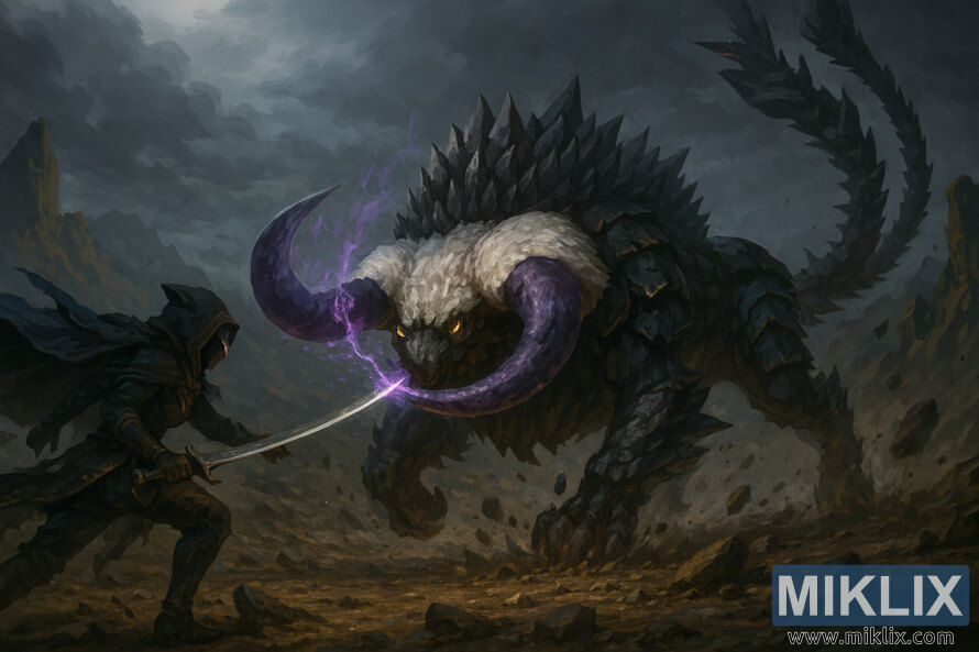 Fan art in stile anime che mostra l'armatura Tarnished in Black Knife mentre combatte contro un'enorme Bestia Fallingstar nel cratere roccioso dell'altopiano di South Altus.