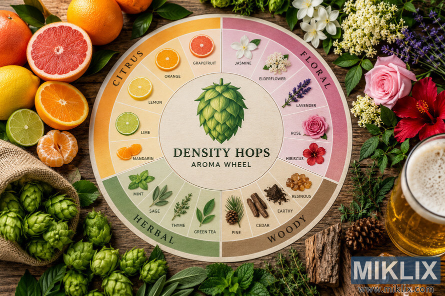 Overhead landscape image of a Density Hops aroma wheel on a rustic wooden table, surrounded by grapefruit, orange, lemon, lime, mandarin, jasmine, elderflower, lavender, roses, hibiscus, fresh hop cones, herbs, wood, pine cones, resin and a partially visible glass of golden beer.