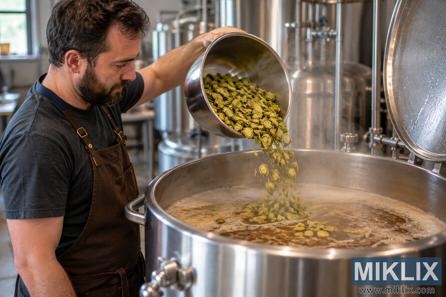 Homebrewer in a brown apron pouring green hops from a stainless-steel bowl into a large steaming kettle of amber wort during beer production. Homebrewer in a brown apron pouring green hops from a stainless-steel bowl into a large steaming kettle of amber wort during beer production.