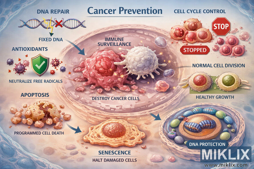 Scientific illustration showing cellular cancer prevention mechanisms including DNA repair, immune surveillance, antioxidants, apoptosis, cell cycle control, DNA protection, and senescence. Scientific illustration showing cellular cancer prevention mechanisms including DNA repair, immune surveillance, antioxidants, apoptosis, cell cycle control, DNA protection, and senescence.