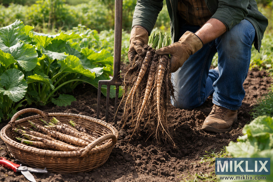 Gardener using a garden fork to harvest long burdock roots from rich soil beside a wicker basket filled with freshly dug roots.