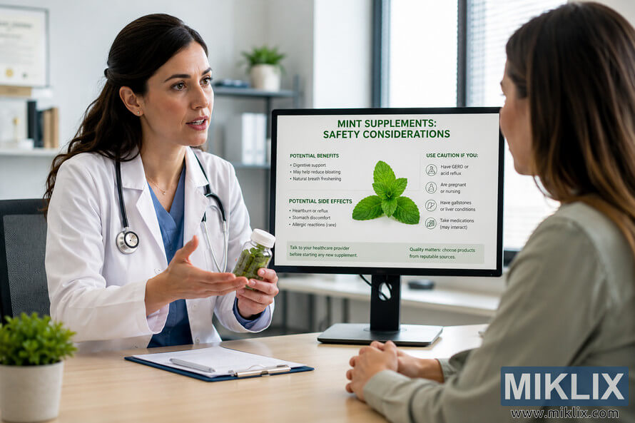 Doctor discussing mint supplement safety considerations with a patient in a modern medical office while pointing to a monitor displaying digestive benefits, side effects, and precautions related to mint supplements. Doctor discussing mint supplement safety considerations with a patient in a modern medical office while pointing to a monitor displaying digestive benefits, side effects, and precautions related to mint supplements.