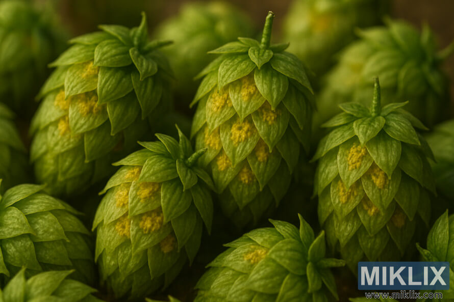 Gedetailleerde close-up van Cobb-hopbellen met groene schutbladen en goudgele lupulineklieren onder warm licht.