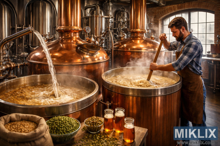 Le maître brasseur remue la maische fumante dans des cuves en cuivre à l'intérieur d'une brasserie artisanale traditionnelle. Le maître brasseur remue la maische fumante dans des cuves en cuivre à l'intérieur d'une brasserie artisanale traditionnelle.