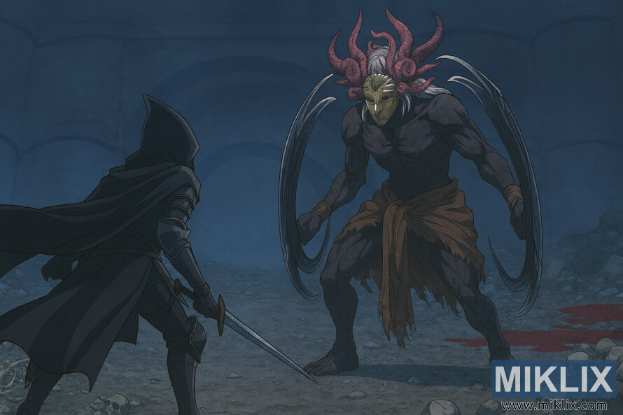 Anime-style fan art of Tarnished in Black Knife armor facing Curseblade Labirith in Bonny Gaol