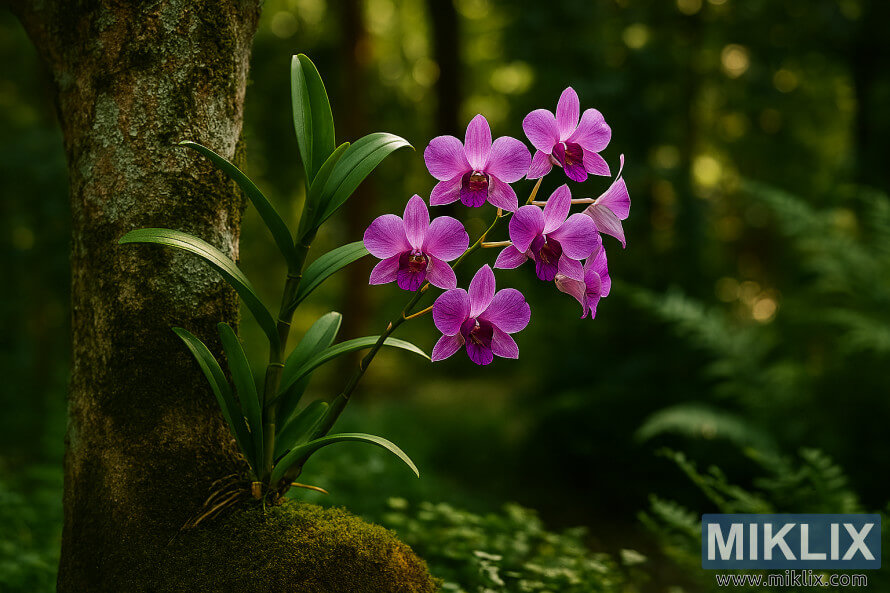 Fleurs dâorchidÃ©es Dendrobium pourpres poussant de faÃ§on Ã©piphyte sur un tronc dâarbre couvert de mousse dans un jardin baignÃ© de soleil