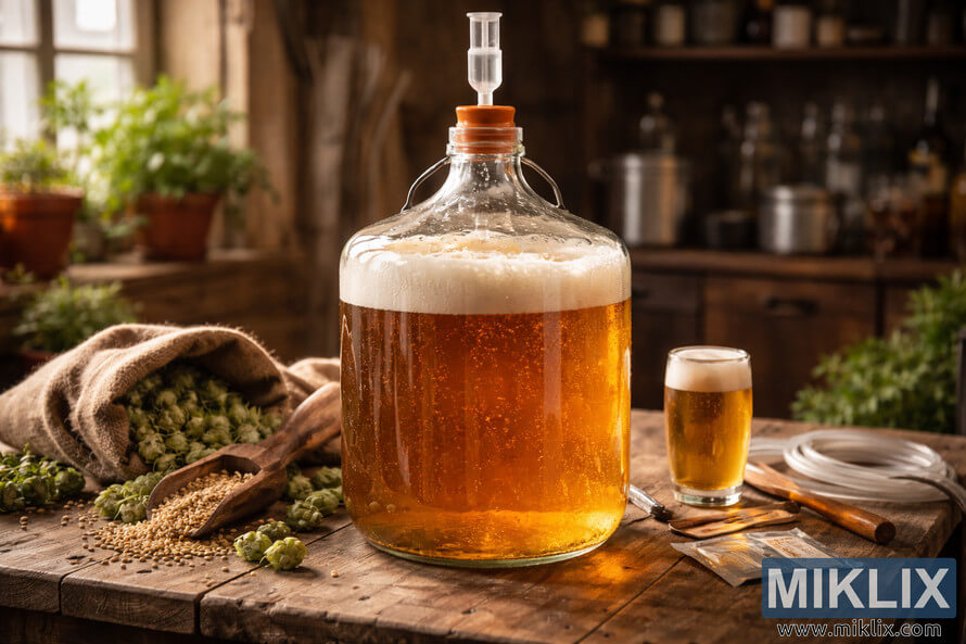 Bohemian lager fermenting in a glass carboy with foamy krausen, set on a rustic wooden table surrounded by hops, grains, and brewing tools in warm natural light.