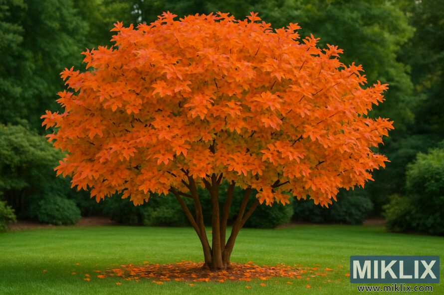 Ãrable Shantung avec feuillage dâautomne orange et rouge feu dans un jardin.