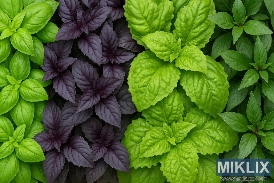 Quatro variedades diferentes de manjericão dispostas lado a lado, exibindo cores, formatos e texturas contrastantes nas folhas. Quatro variedades diferentes de manjericão dispostas lado a lado, exibindo cores, formatos e texturas contrastantes nas folhas.