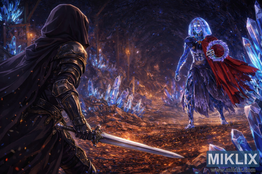 Arte de fÃ£ de Elden Ring em estilo anime, mostrando o Tarnished de costas, empunhando uma espada enquanto enfrenta o chefe Crystaliano dentro do TÃºnel de Cristal Raya Lucaria, repleto de cristais.