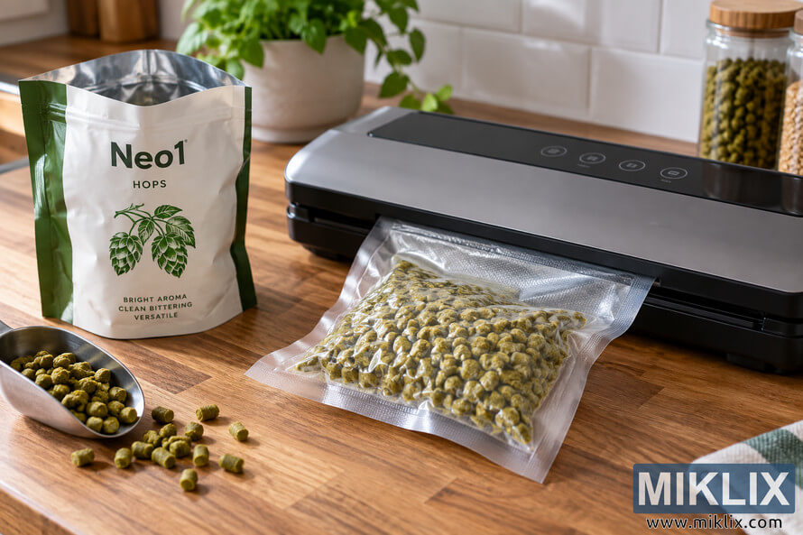 Photorealistic landscape kitchen scene showing an opened unbranded package of green hop pellets beside a countertop vacuum sealer, with a transparent bag of pellets being vacuum sealed, a metal scoop, spilled pellets, storage jars, and a potted plant in the background.