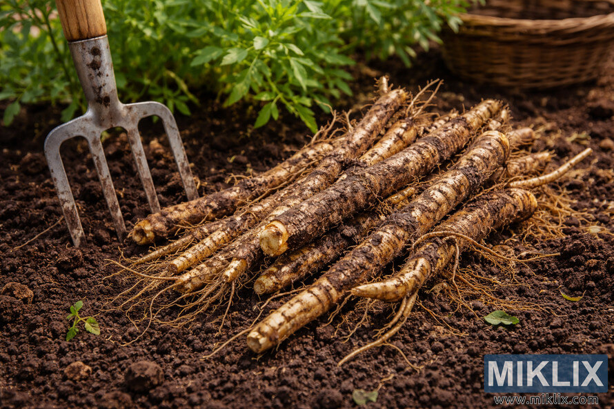 Freshly harvested licorice roots lying on dark soil beside a muddy garden fork in a garden bed. Freshly harvested licorice roots lying on dark soil beside a muddy garden fork in a garden bed.