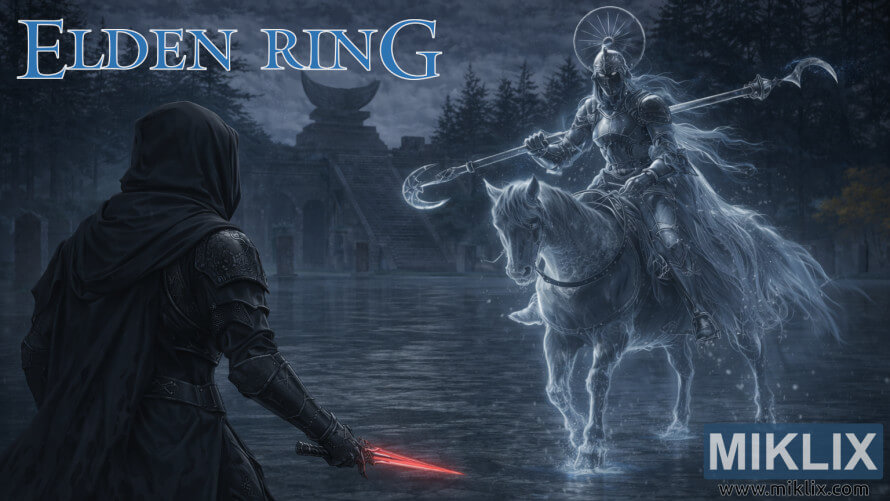 Elden Ring fan art showing a Black Knife assassin confronting Royal Knight Loretta at Caria Manor Elden Ring fan art showing a Black Knife assassin confronting Royal Knight Loretta at Caria Manor