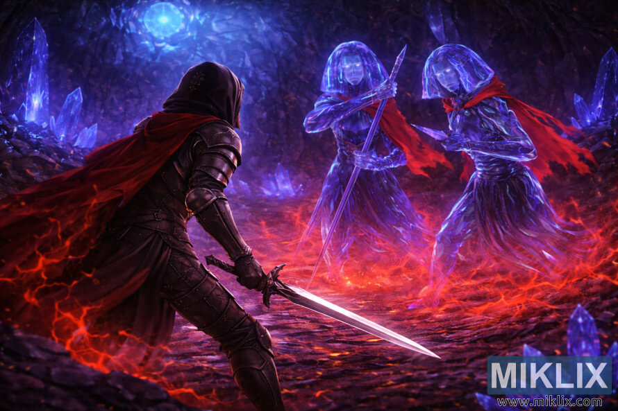 Anime-style fan art showing the Tarnished in Black Knife armor wielding a sword as two Crystalian bosses advance closely inside Elden Ringâs Academy Crystal Cave.