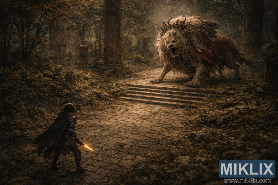 Isometric dark fantasy artwork showing the Tarnished below on a stone path facing the towering Divine Beast Dancing Lion atop ancient steps within the overgrown Ruins of Rauh. Isometric dark fantasy artwork showing the Tarnished below on a stone path facing the towering Divine Beast Dancing Lion atop ancient steps within the overgrown Ruins of Rauh.