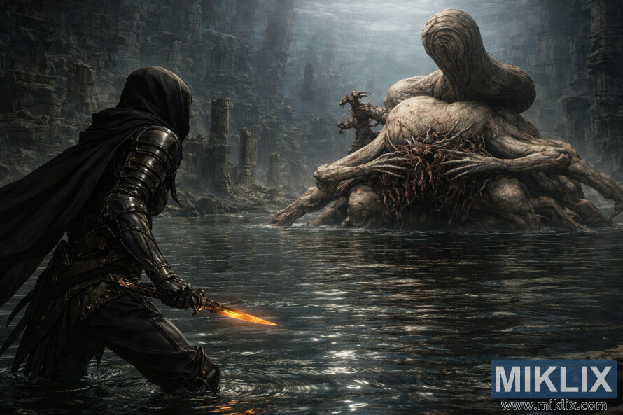 Dark fantasy fan art showing the Tarnished from behind, knee-deep in shallow water, facing the massive Metyr, Mother of Fingers, in the flooded Finger Ruins of Miyr.