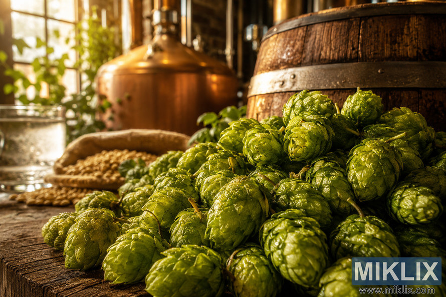 Close-up landscape photograph of fresh Whitbread Golding hop cones covered with glistening resin and essential oil droplets in warm natural light, with a vintage wooden brewing barrel, softly blurred brewing equipment, barley, and water creating an inviting artisanal brewery atmosphere that celebrates traditional brewing craftsmanship. Close-up landscape photograph of fresh Whitbread Golding hop cones covered with glistening resin and essential oil droplets in warm natural light, with a vintage wooden brewing barrel, softly blurred brewing equipment, barley, and water creating an inviting artisanal brewery atmosphere that celebrates traditional brewing craftsmanship.