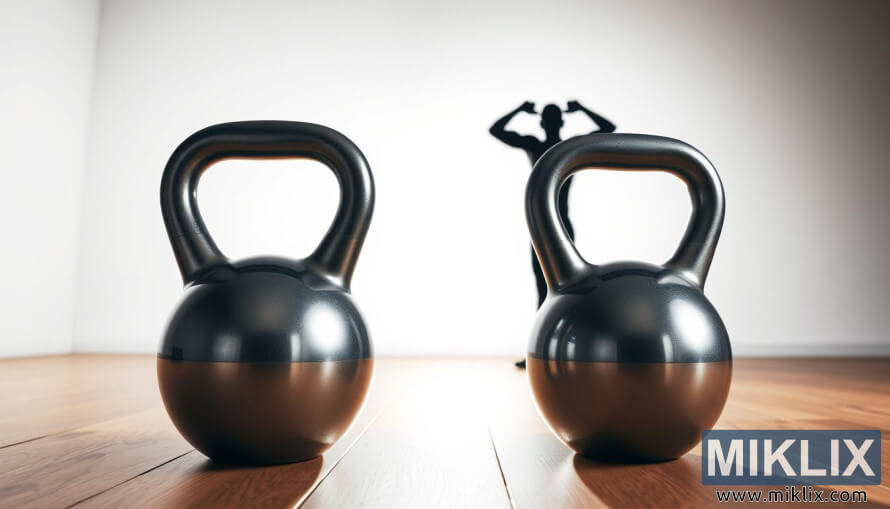 Kettlebell baja di lantai kayu dengan siluet tenang siap untuk berlatih.
