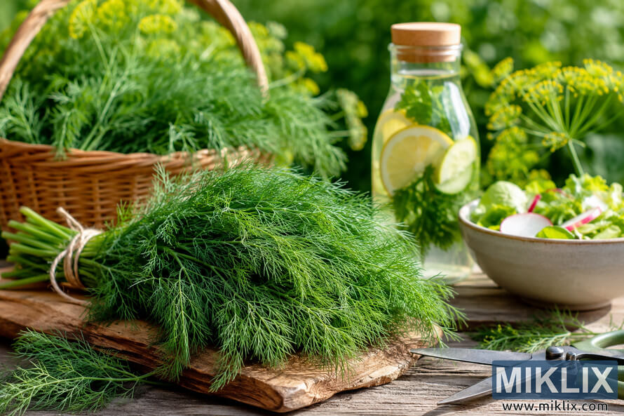 Landscape photograph of freshly harvested dill on a rustic wooden board with a wicker basket of herbs, infused lemon and cucumber water, fresh salad, garden scissors, and soft sunlit garden background representing healthy lifestyle and natural wellness. Landscape photograph of freshly harvested dill on a rustic wooden board with a wicker basket of herbs, infused lemon and cucumber water, fresh salad, garden scissors, and soft sunlit garden background representing healthy lifestyle and natural wellness.