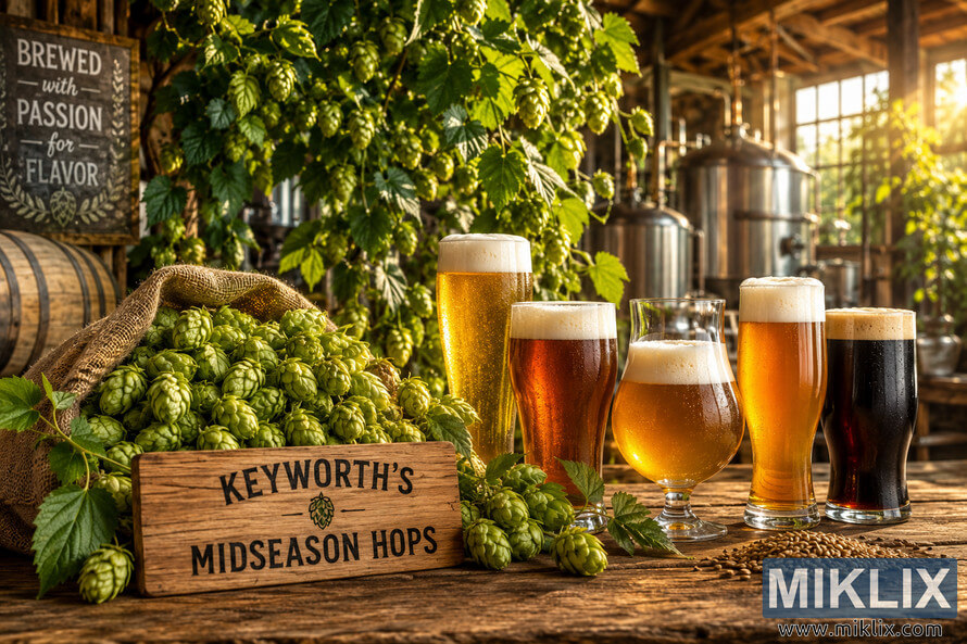 Rustic brewery scene featuring Keyworthâs Midseason hops in the foreground beside glasses of pale ale, IPA, lager, and dark craft beer on a wooden table, with hop vines, brewing tanks, and warm golden sunlight creating a cozy artisanal atmosphere. Rustic brewery scene featuring Keyworthâs Midseason hops in the foreground beside glasses of pale ale, IPA, lager, and dark craft beer on a wooden table, with hop vines, brewing tanks, and warm golden sunlight creating a cozy artisanal atmosphere.