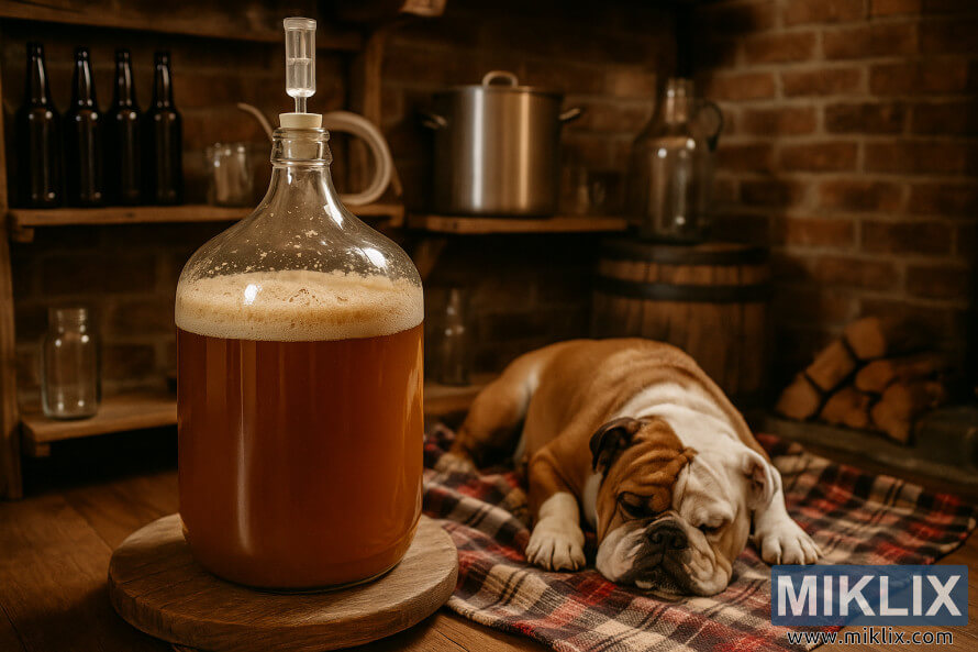 GlasjÃ¤skÃ¤rl med traditionell tysk lager som jÃ¤ser i ett rustikt rum, medan en bulldogg sover pÃ¥ en rutig filt i nÃ¤rheten.