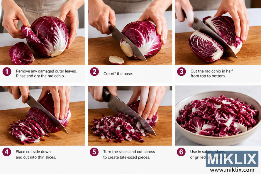 Landscape instructional collage showing six numbered steps for preparing radicchio. Close-up photographs demonstrate removing damaged outer leaves, trimming the base, cutting the head in half, slicing it into thin strips, cross-cutting into bite-sized pieces, and presenting the chopped radicchio in a bowl. The images feature only hands, an unbranded chef's knife, a wooden cutting board, and clear instructional captions. Landscape instructional collage showing six numbered steps for preparing radicchio. Close-up photographs demonstrate removing damaged outer leaves, trimming the base, cutting the head in half, slicing it into thin strips, cross-cutting into bite-sized pieces, and presenting the chopped radicchio in a bowl. The images feature only hands, an unbranded chef's knife, a wooden cutting board, and clear instructional captions.