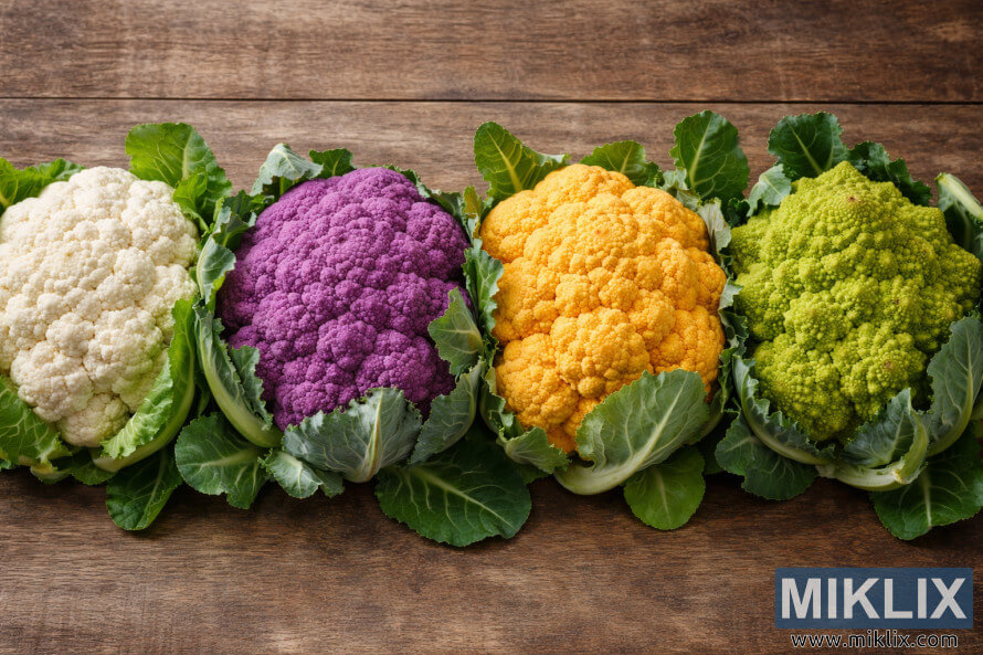 Furen furanni huÉu daban-dabanâfari, shunayya, lemu, da kore na Romanescoâan shirya su a jere a kan saman katako, suna nuna launuka daban-daban da yanayinsu.