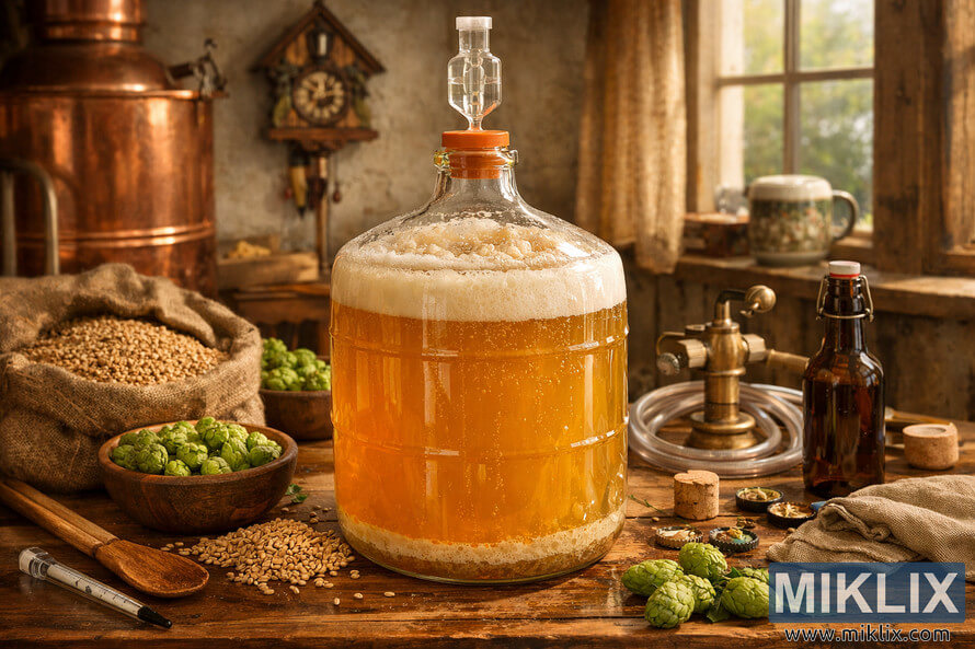 A glass carboy filled with fermenting Kölsch-style ale sits on a rustic wooden table surrounded by homebrewing tools, grains, hops, and copper brewing equipment in a traditional German interior.