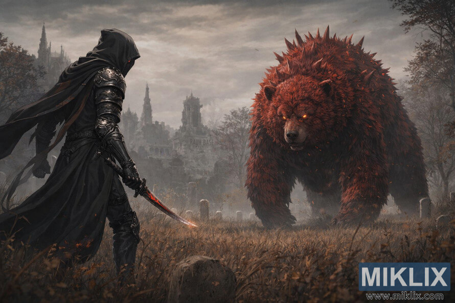 Anime style scene of the Tarnished in Black Knife armor cautiously facing Rugalea the Great Red Bear among ruined towers and misty grasslands at Rauh Base.