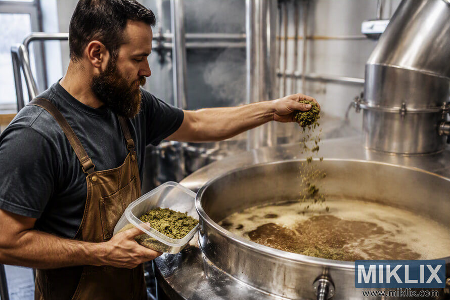 Landscape photo of a brewery production area showing a person in a work apron adding a handful of hops from a plastic container into a large stainless-steel kettle filled with steaming hot wort during the flame-out stage of brewing, surrounded by polished brewing equipment and warm industrial lighting.