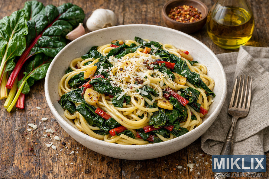 Bowl of linguine pasta with sautÃ©ed Swiss chard, garlic slices, and grated Parmesan on a rustic wooden table with fresh ingredients nearby