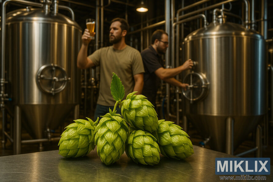 Kone humpulash Aquila nÃ« njÃ« fabrikÃ« birre me rezervuarÃ« dhe tuba Ã§eliku inox.