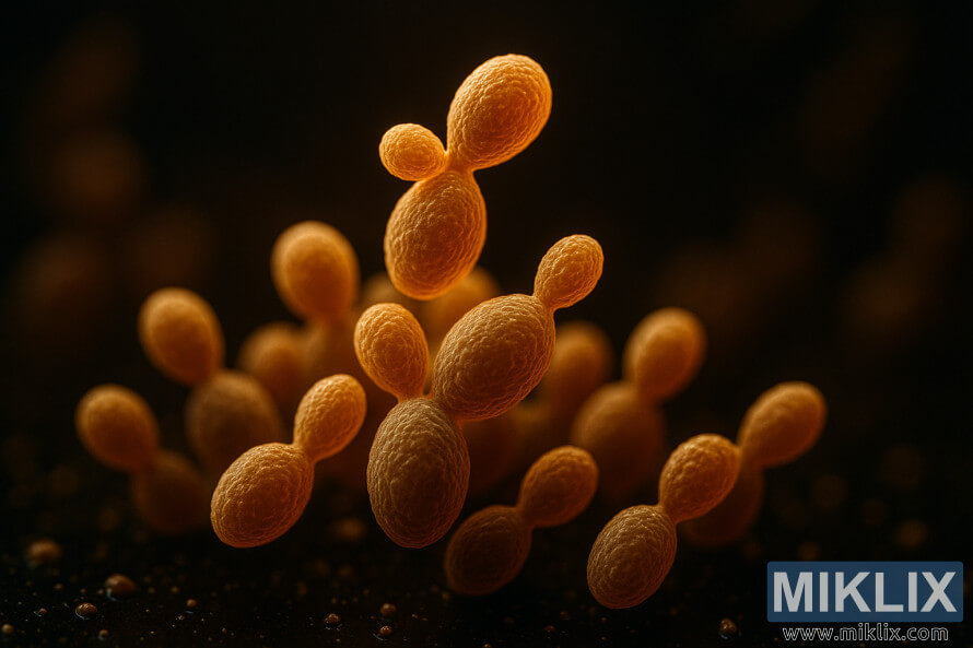 Ä°sti iÅÄ±q altÄ±nda aktiv ÅÉkildÉ fermentlÉÅÉn vÉ bÃ¶lÃ¼nÉn maya hÃ¼ceyrÉlÉrinin yaxÄ±ndan gÃ¶rÃ¼nÃ¼ÅÃ¼.