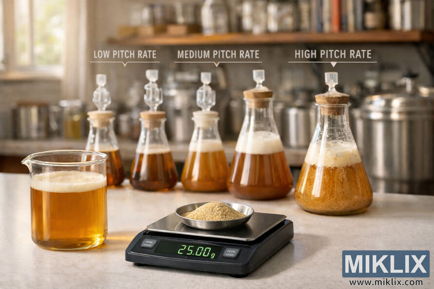 Beaker of golden yeast starter beside a digital scale measuring dry yeast, with labeled flasks and airlocks showing low, medium, and high pitching rates on a sunlit brewing lab counter.