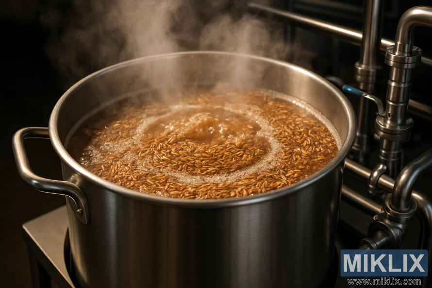 Dampf steigt aus einem Edelstahlkessel auf, in dem Malz und RoggenkÃ¶rner in goldener WÃ¼rze kochen.
