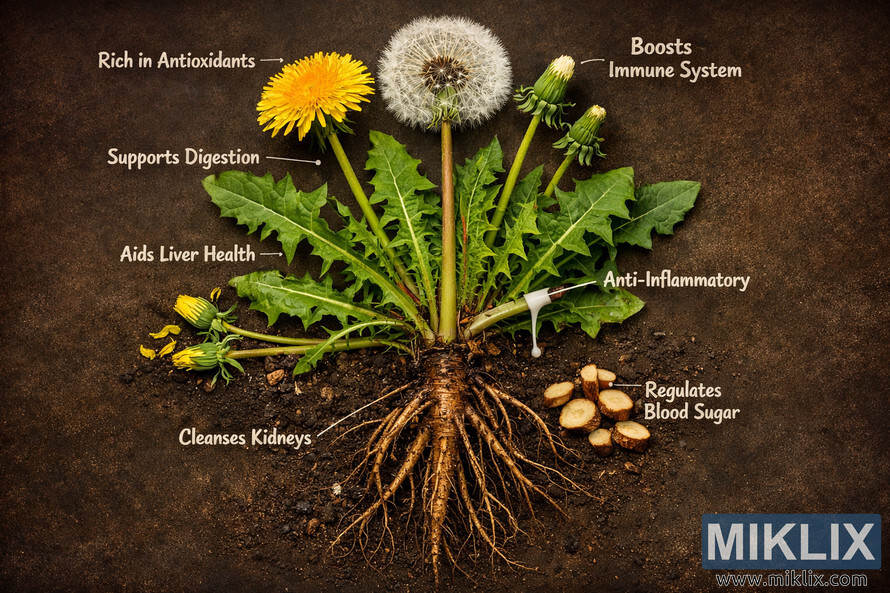 A high-resolution landscape image showing the entire dandelion plant from root to flower, with labeled health benefits such as antioxidant properties, detoxification support, and digestive aid. A high-resolution landscape image showing the entire dandelion plant from root to flower, with labeled health benefits such as antioxidant properties, detoxification support, and digestive aid.
