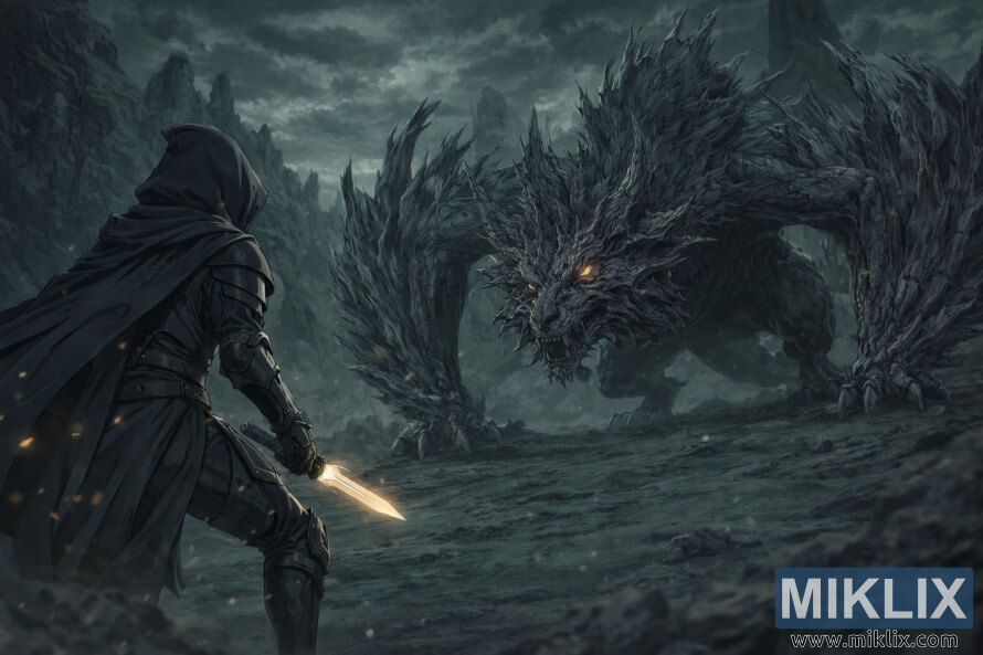 Fan art in stile anime che mostra l'armatura Tarnished in Black Knife mentre affronta un'enorme bestia frastagliata in una landa desolata verde-grigiastra, poco prima del combattimento. Fan art in stile anime che mostra l'armatura Tarnished in Black Knife mentre affronta un'enorme bestia frastagliata in una landa desolata verde-grigiastra, poco prima del combattimento.