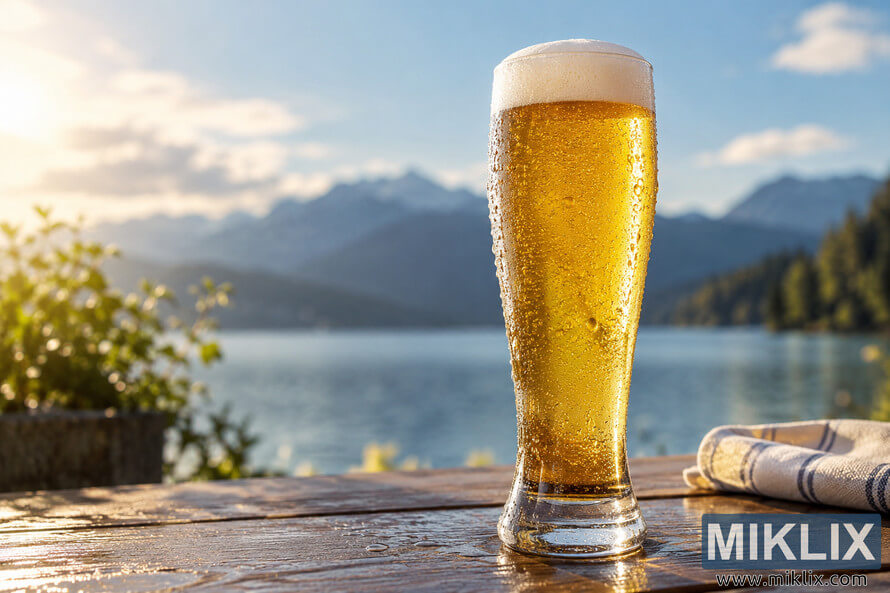 Tall unbranded pilsner glass filled with clear golden beer and topped with white foam, covered in cold condensation on a rustic wooden table beside a softly blurred mountain lake. Tall unbranded pilsner glass filled with clear golden beer and topped with white foam, covered in cold condensation on a rustic wooden table beside a softly blurred mountain lake.