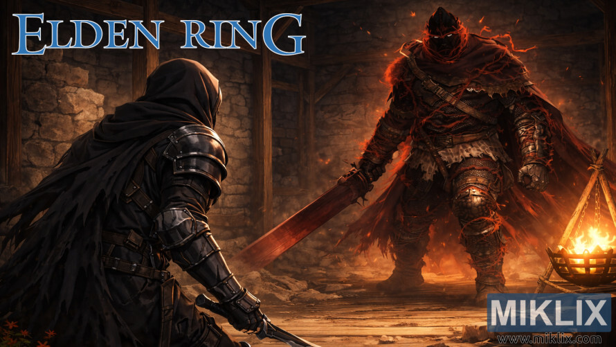 Elden Ring fan art showing the Tarnished in Black Knife armor facing the Bell-Bearing Hunter inside the Warmaster’s Shack just before combat. Elden Ring fan art showing the Tarnished in Black Knife armor facing the Bell-Bearing Hunter inside the Warmaster’s Shack just before combat.