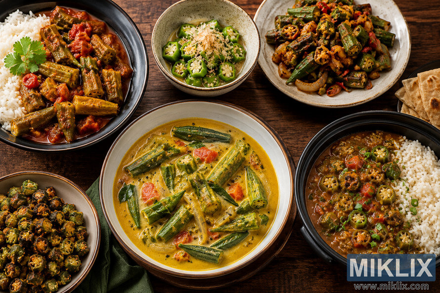 Landscape photograph showing a rustic wooden table filled with a variety of okra dishes from different cuisines, including creamy curry, tomato-based stew with rice, stir-fried okra, lightly dressed sliced okra, crispy fried okra, and another rich stew served with rice and flatbread, all arranged in ceramic bowls under warm natural lighting with no visible brands. Landscape photograph showing a rustic wooden table filled with a variety of okra dishes from different cuisines, including creamy curry, tomato-based stew with rice, stir-fried okra, lightly dressed sliced okra, crispy fried okra, and another rich stew served with rice and flatbread, all arranged in ceramic bowls under warm natural lighting with no visible brands.