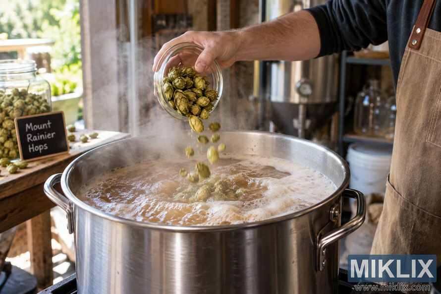 Homebrewer in a tan apron pouring dried Mount Rainier hop cones from a glass bowl into a large stainless-steel kettle of steaming, boiling wort in a rustic homebrewing workspace. Homebrewer in a tan apron pouring dried Mount Rainier hop cones from a glass bowl into a large stainless-steel kettle of steaming, boiling wort in a rustic homebrewing workspace.