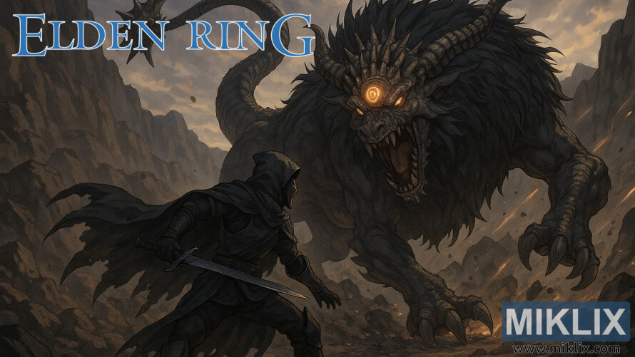 အနက်ရောင်ဓားဖြင့် ညှိုးနွမ်းနေသော ချပ်ဝတ်တန်ဆာ၏ ပန်းချီအနုပညာသည် Gelmir တောင်၏ ကျောက်ဆောင်ချောက်များတွင် ကြီးထွားနေသော Fallingstar Beast နှင့် ရင်ဆိုင်ရခြင်းဖြစ်သည်။