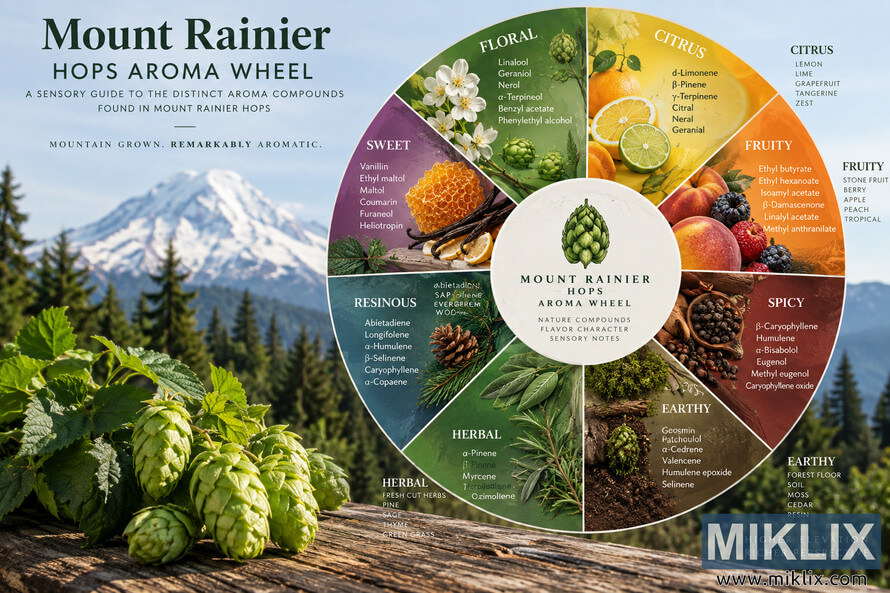Landscape infographic of a Mount Rainier hops aroma wheel, with fresh hop cones and a snow-covered mountain in the background. A large circular chart groups aromas into floral, citrus, fruity, spicy, earthy, herbal, resinous, and sweet categories, illustrated with flowers, citrus, fruit, spices, herbs, forest materials, and representative flavor compounds. Landscape infographic of a Mount Rainier hops aroma wheel, with fresh hop cones and a snow-covered mountain in the background. A large circular chart groups aromas into floral, citrus, fruity, spicy, earthy, herbal, resinous, and sweet categories, illustrated with flowers, citrus, fruit, spices, herbs, forest materials, and representative flavor compounds.