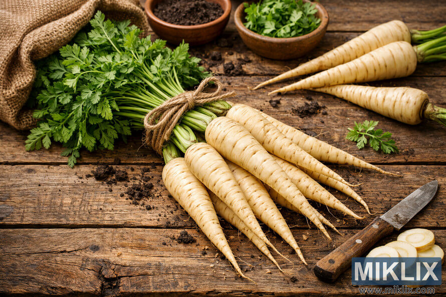 Fresh Javelin parsnip roots with green tops arranged on a rustic wooden table with soil, slices, and a knife